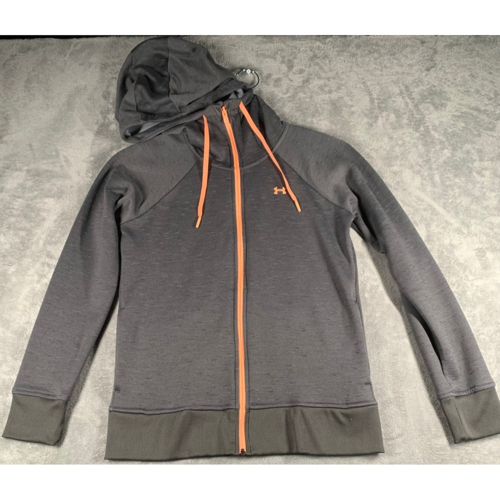 Under Armour ColdGear Women's SM Petite Full Zip Hoodie Jacket Gray Orange Trim